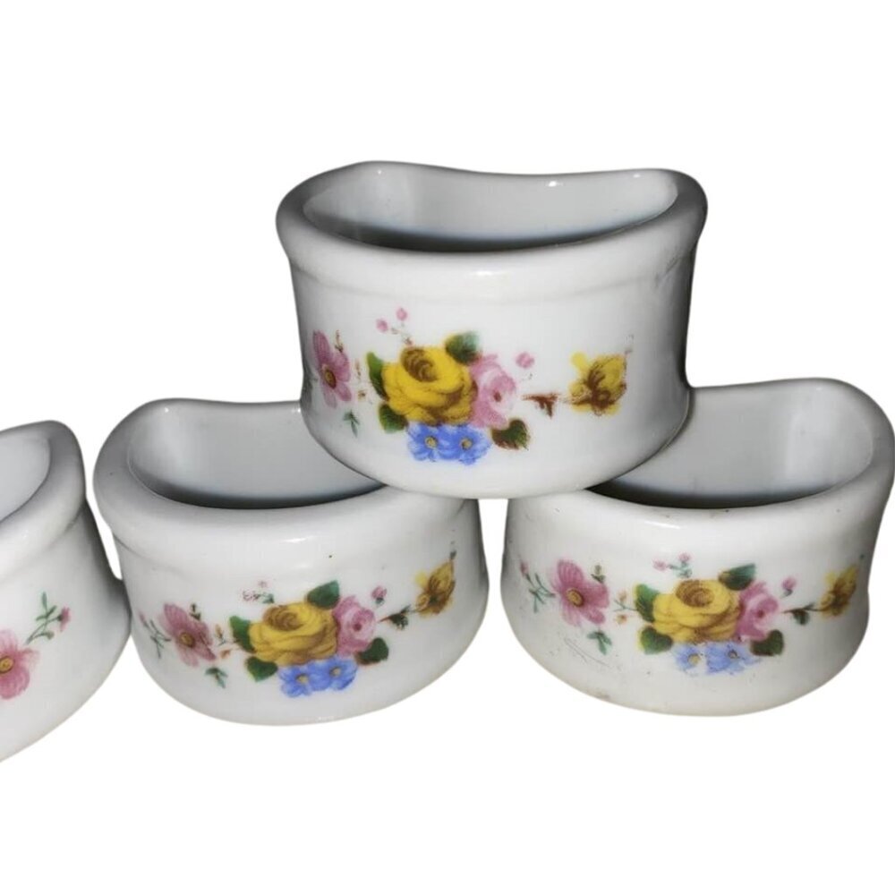 Porcelain White and Floral Shabby Chic Style Vintage Napkin Rings Set Of 4 - Picture 2 of 5